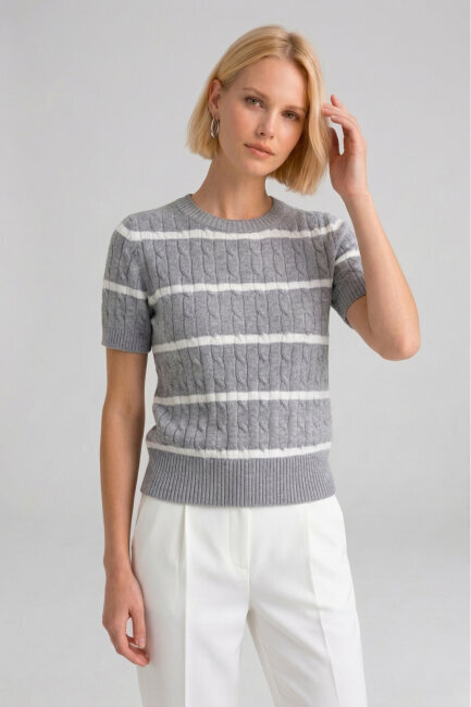 Gri %100 Pamuk Çizgili Triko Kazak - 5