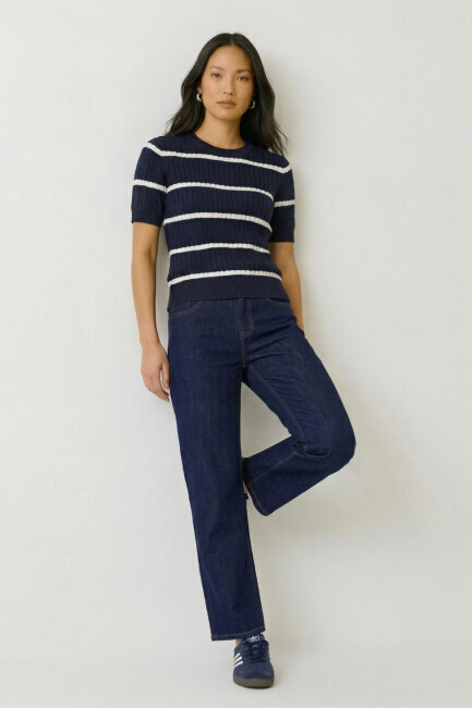 Lacivert %100 Pamuk Çizgili Triko Kazak (1)