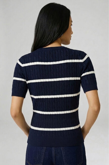 Lacivert %100 Pamuk Çizgili Triko Kazak - 5