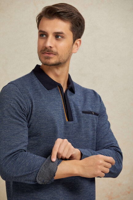 Lacivert %100 Pamuk Polo Sweatshirt - 2