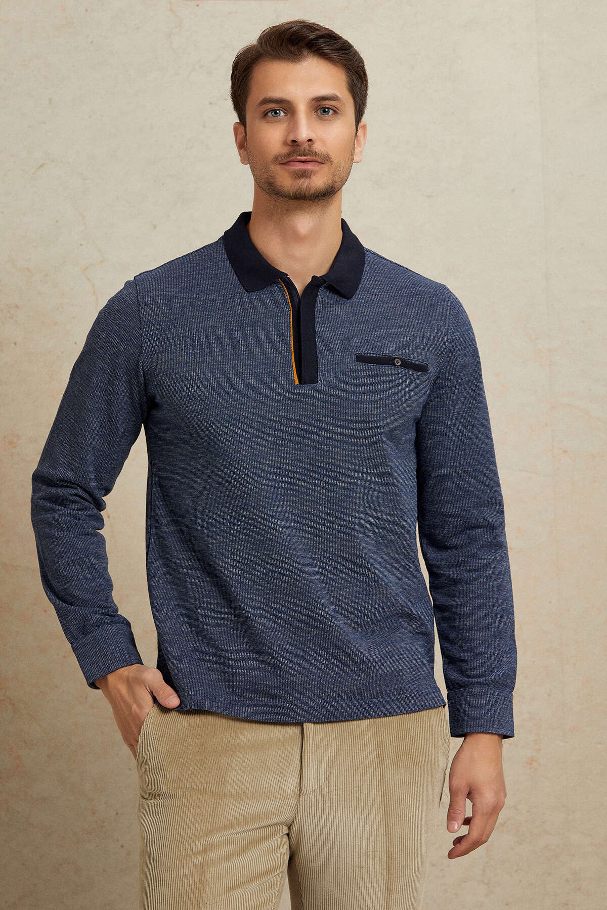 Lacivert %100 Pamuk Polo Sweatshirt - 1