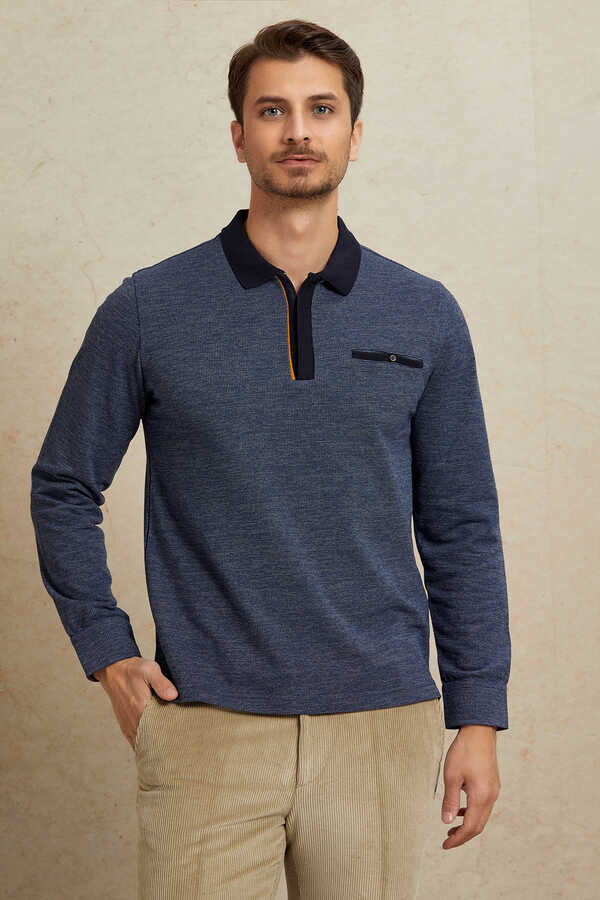 Lacivert %100 Pamuk Polo Sweatshirt