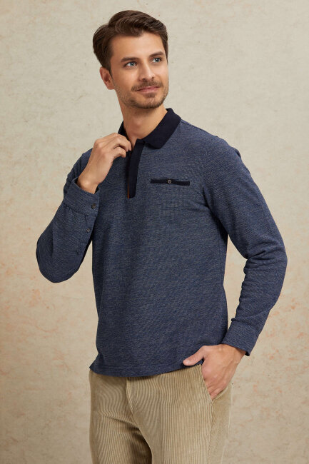 Lacivert %100 Pamuk Polo Sweatshirt - 4