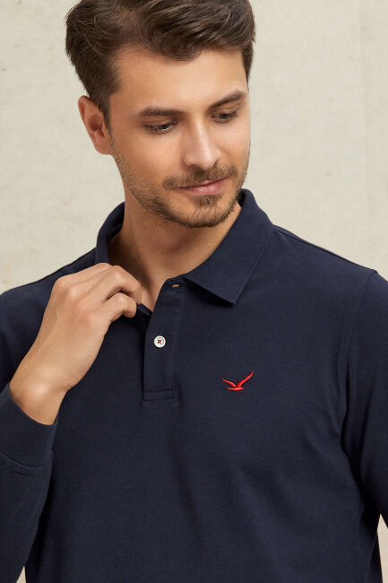 Navy Blue 100% Cotton Polo Sweatshirt - 2
