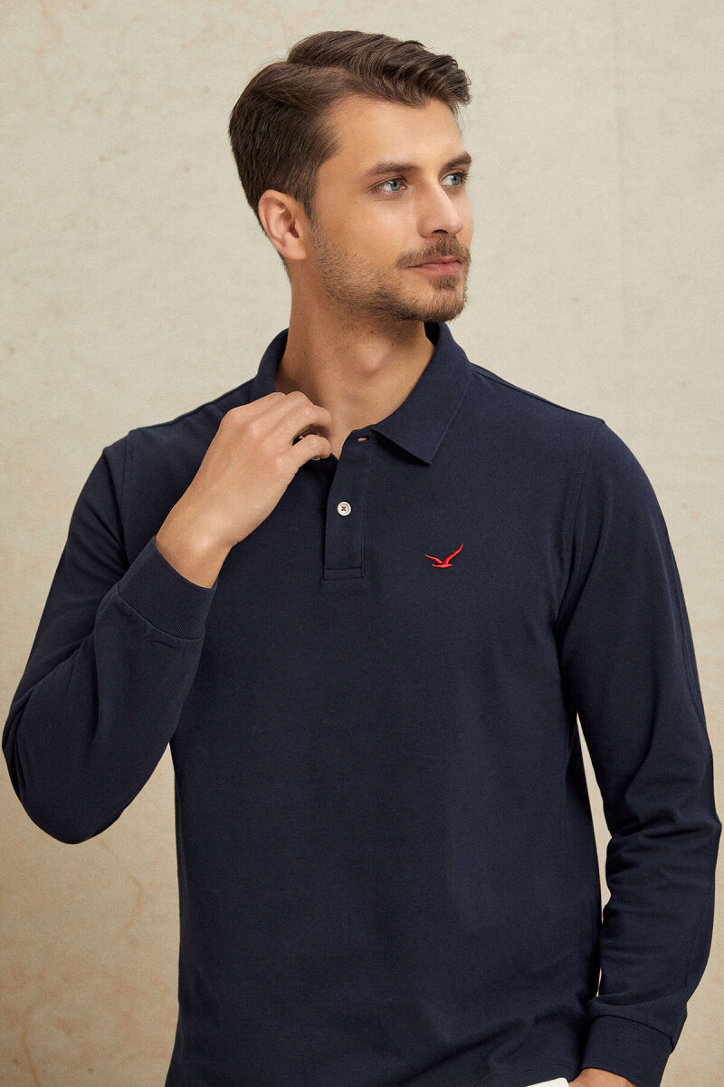 Navy Blue 100% Cotton Polo Sweatshirt - 4