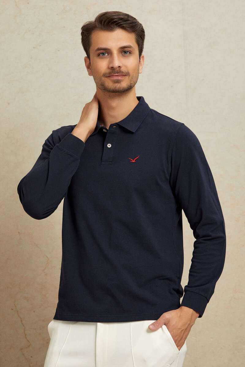 Navy Blue 100% Cotton Polo Sweatshirt - 5
