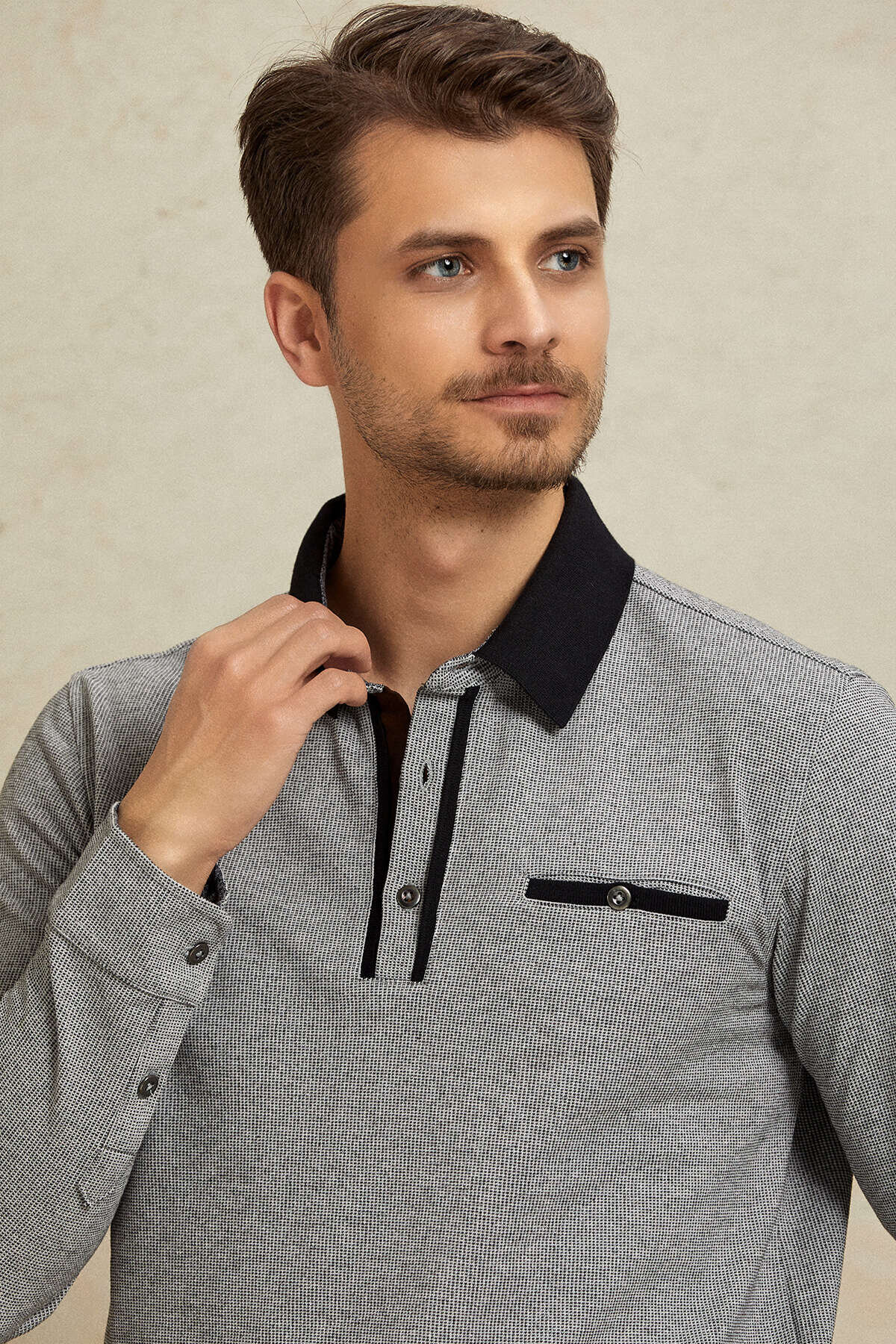 Gri %100 Pamuk Polo Sweatshirt - 2