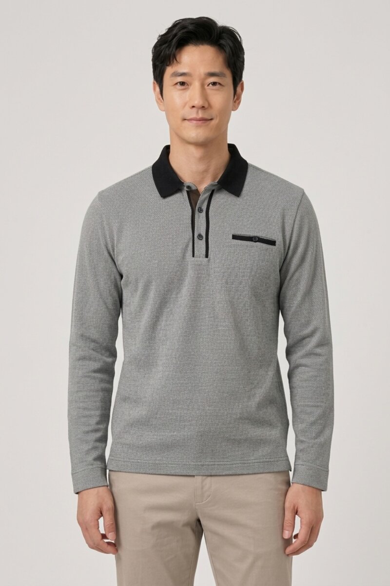 Gri %100 Pamuk Polo Sweatshirt