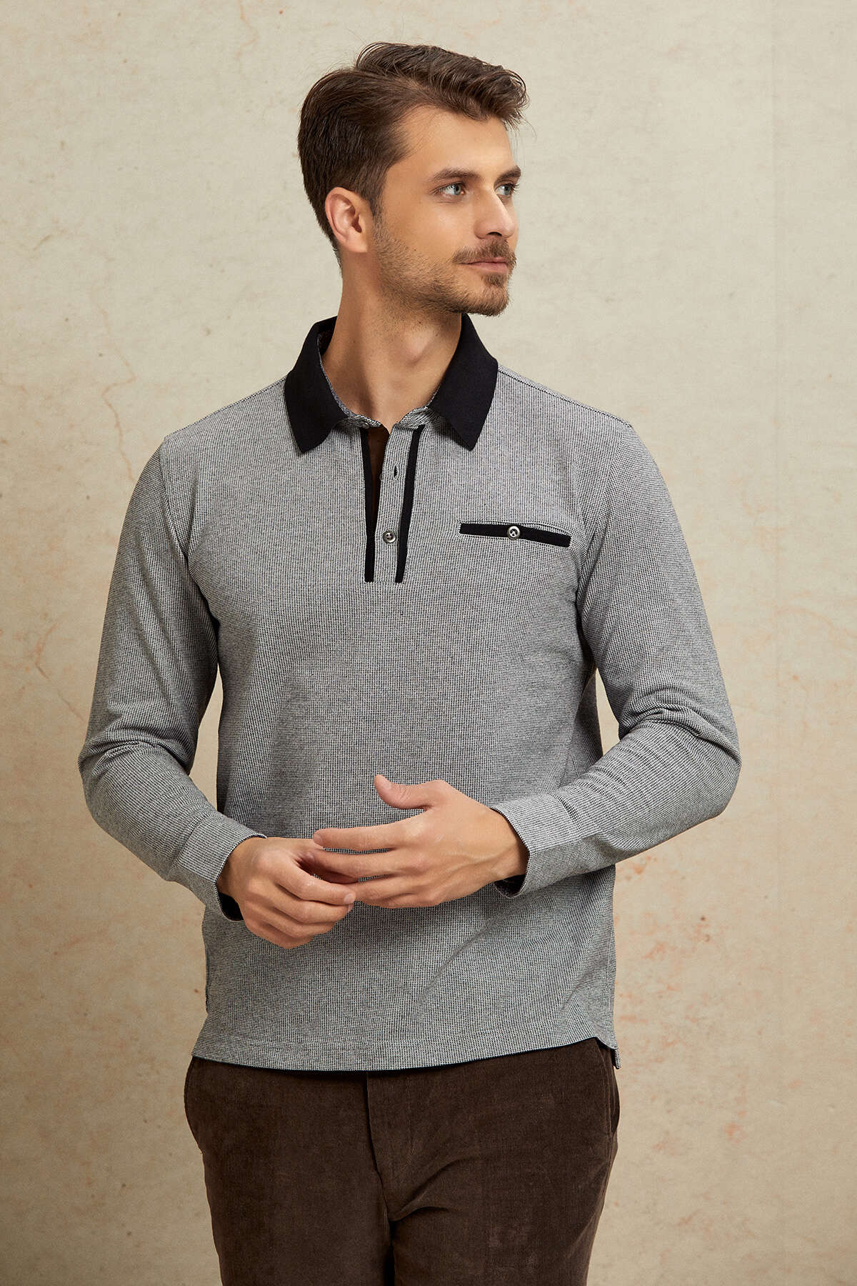 Gri %100 Pamuk Polo Sweatshirt - 1