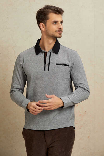 Gri %100 Pamuk Polo Sweatshirt - 1