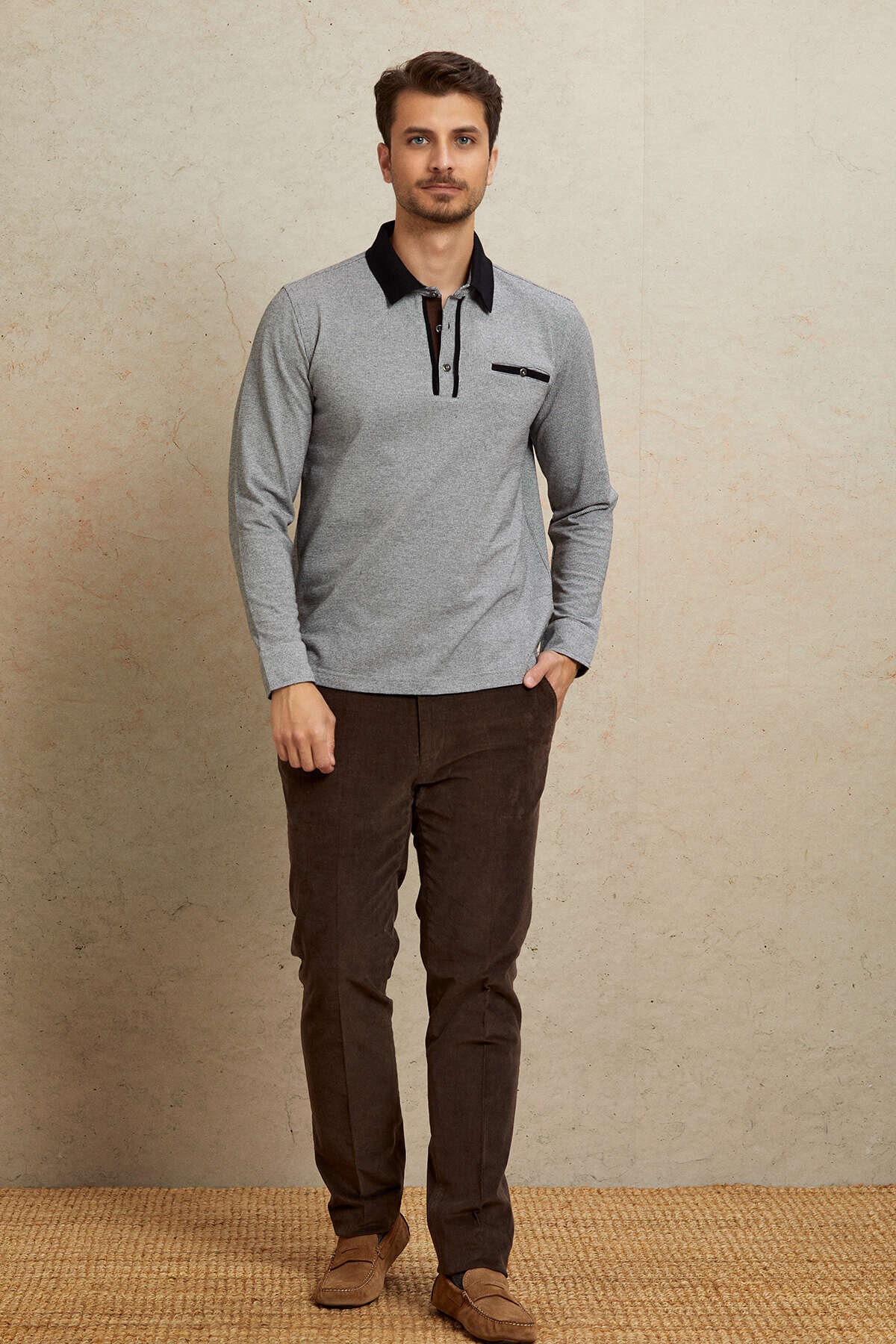Gri %100 Pamuk Polo Sweatshirt - 3