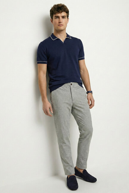 Navy Blue 100% Fine Cotton Polo Sweater - 3