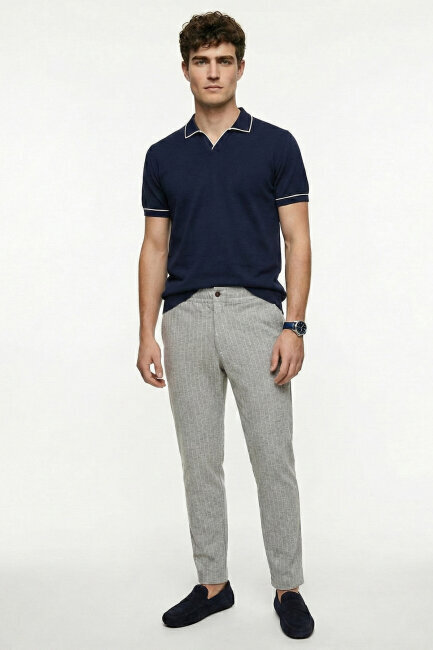 Navy Blue 100% Fine Cotton Polo Sweater - 2