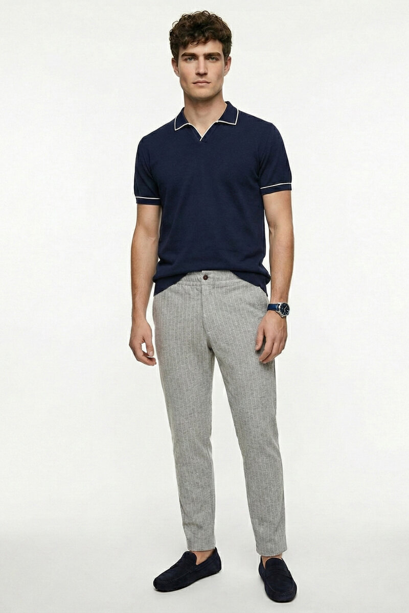 Navy Blue 100% Fine Cotton Polo Sweater - 2