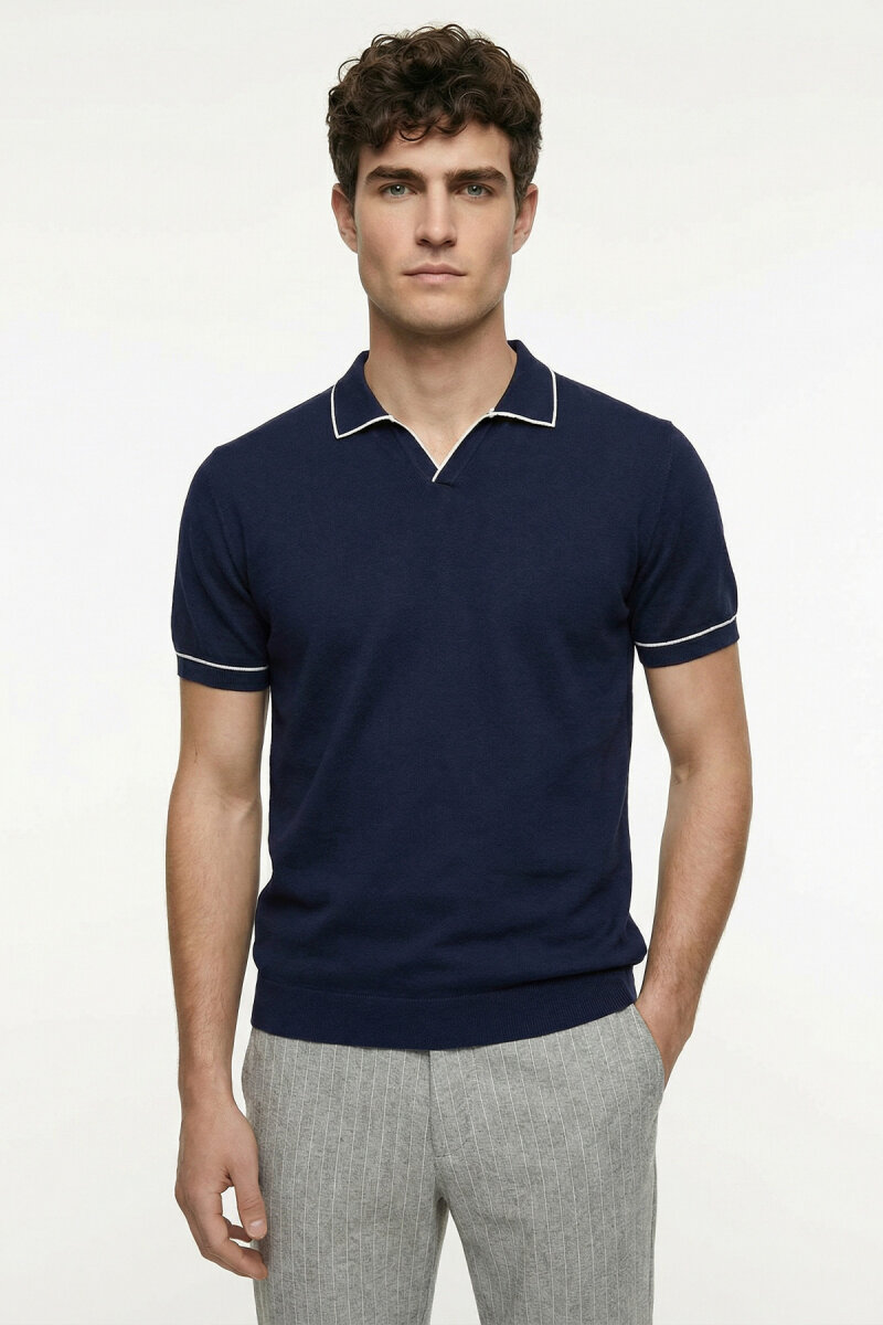 Navy Blue 100% Fine Cotton Polo Sweater - 1
