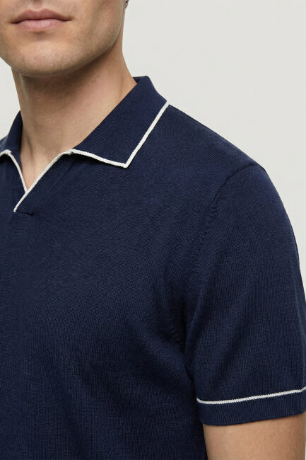 Navy Blue 100% Fine Cotton Polo Sweater - 4