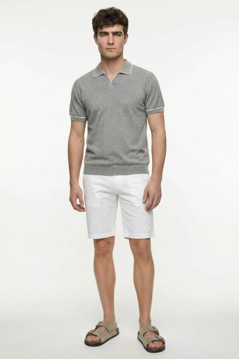 Grey Melange 100% Fine Cotton Polo Sweater - 2