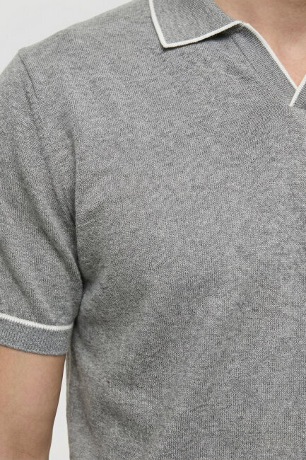 Grey Melange 100% Fine Cotton Polo Sweater - 5