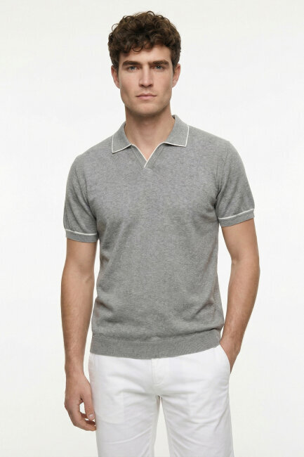Grey Melange 100% Fine Cotton Polo Sweater - 1