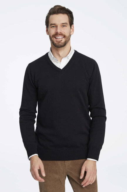 Black 100% Cotton V-Neck Sweater - 1