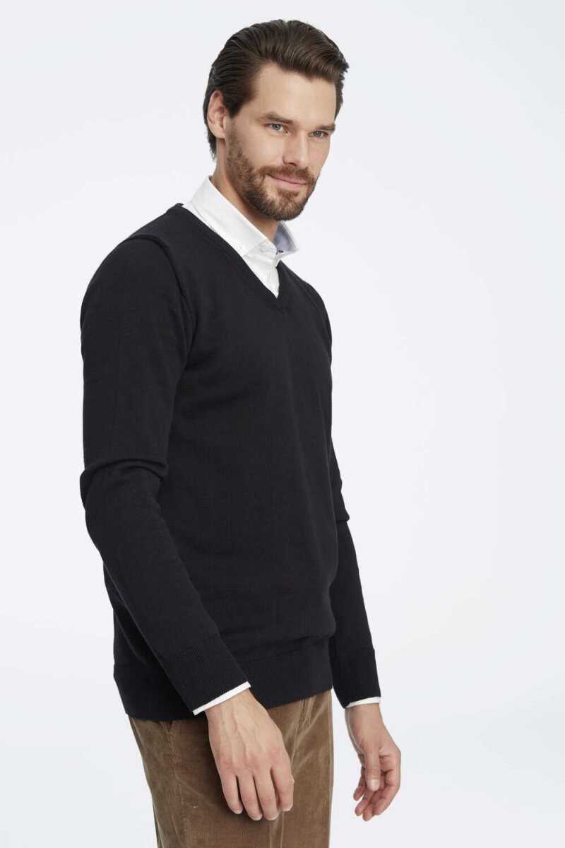 Black 100% Cotton V-Neck Sweater - 2