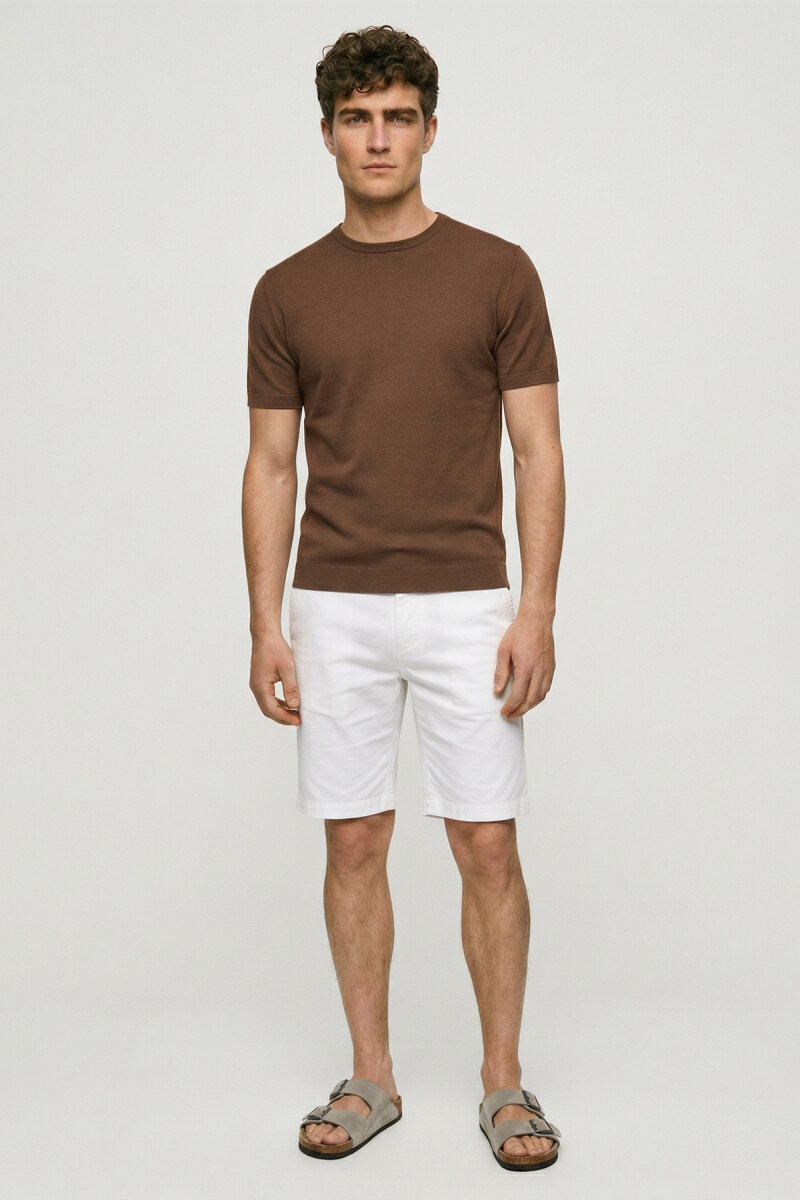 Kahverengi %100 Pamuk Bisiklet Yaka Triko Tişört - 4