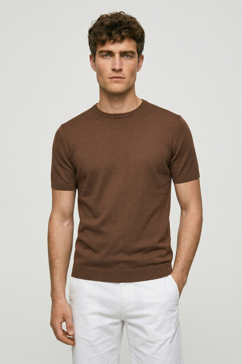 Kahverengi %100 Pamuk Bisiklet Yaka Triko Tişört