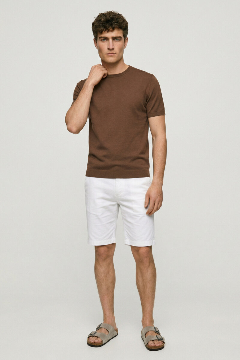 Kahverengi %100 Pamuk Bisiklet Yaka Triko Tişört (1)