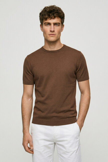 Kahverengi %100 Pamuk Bisiklet Yaka Triko Tişört 