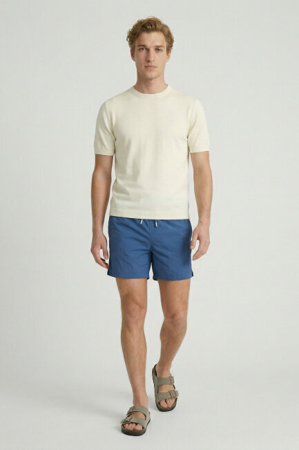 Kırık Beyaz %100 Pamuk Bisiklet Yaka Triko Tişört - 4