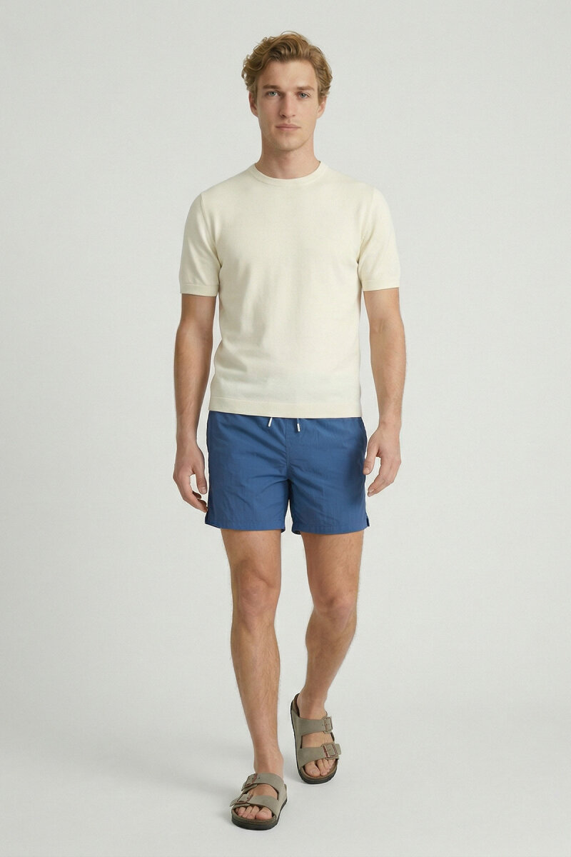 Kırık Beyaz %100 Pamuk Bisiklet Yaka Triko Tişört - 4