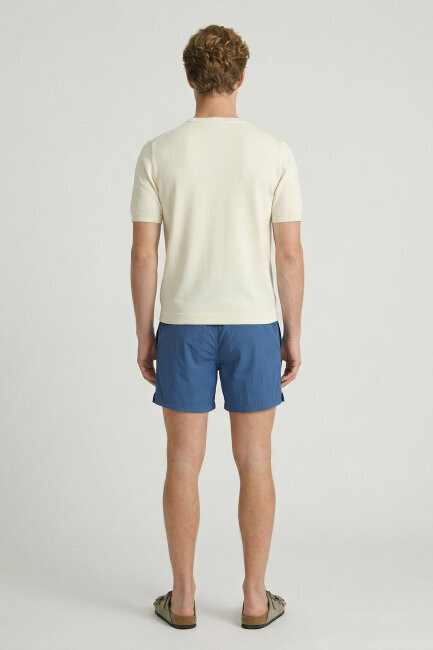 Kırık Beyaz %100 Pamuk Bisiklet Yaka Triko Tişört - 5