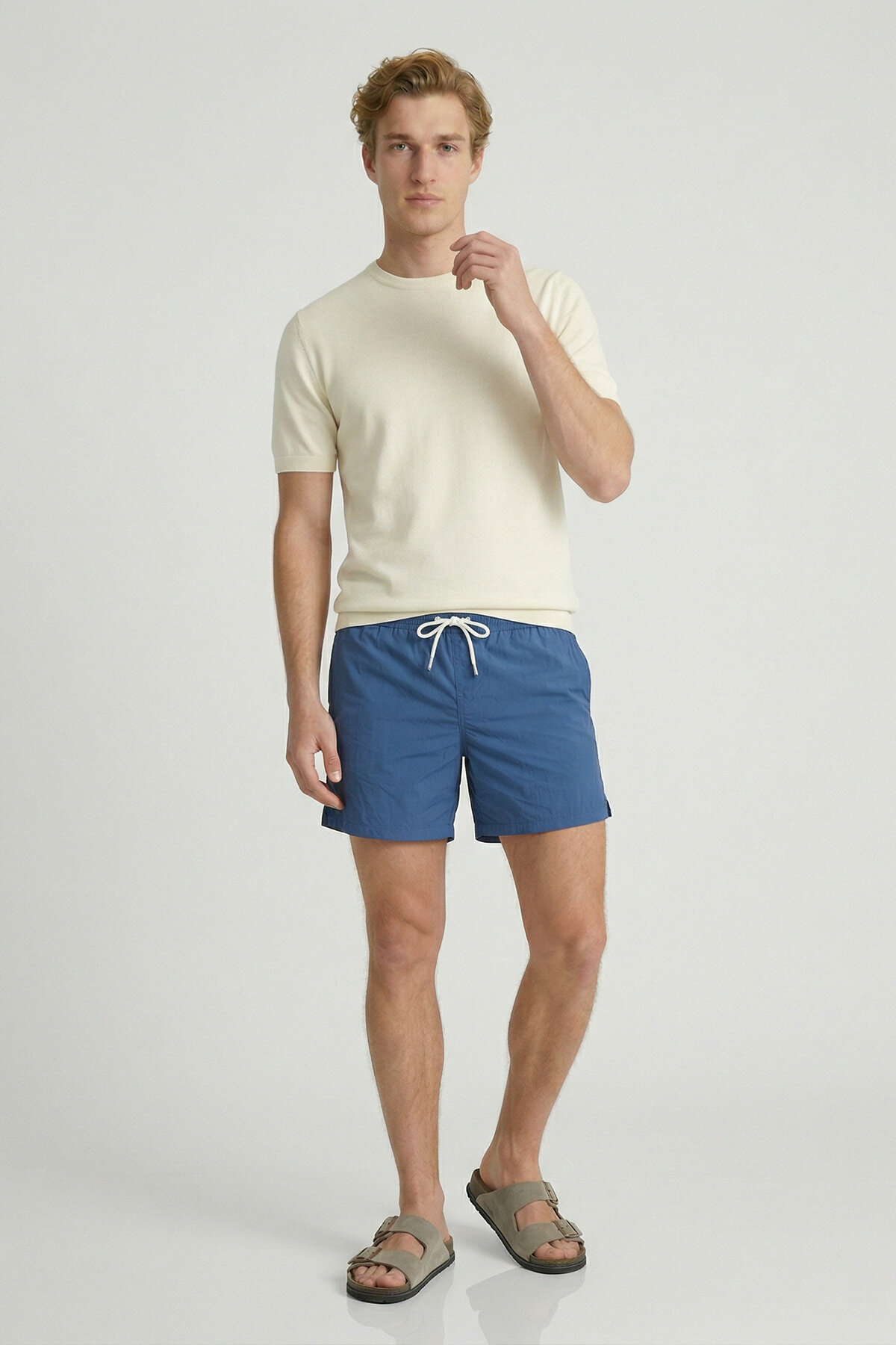 Kırık Beyaz %100 Pamuk Bisiklet Yaka Triko Tişört - 2