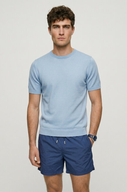 Mavi %100 Pamuk Bisiklet Yaka Triko Tişört 