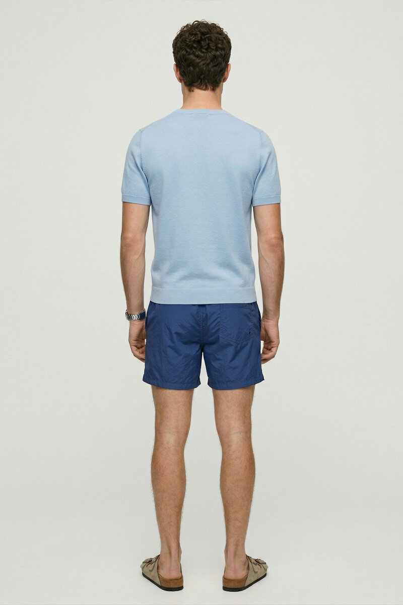 Mavi %100 Pamuk Bisiklet Yaka Triko Tişört - 5