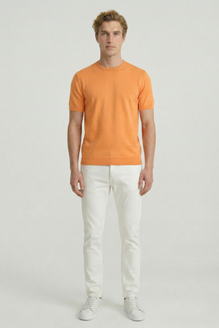 Turuncu %100 Pamuk Bisiklet Yaka Triko Tişört - 4