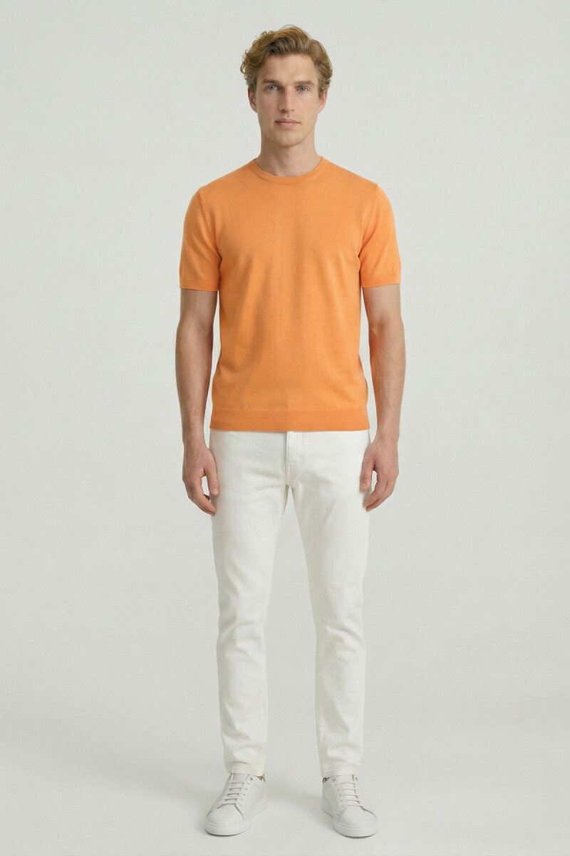 Turuncu %100 Pamuk Bisiklet Yaka Triko Tişört - 4