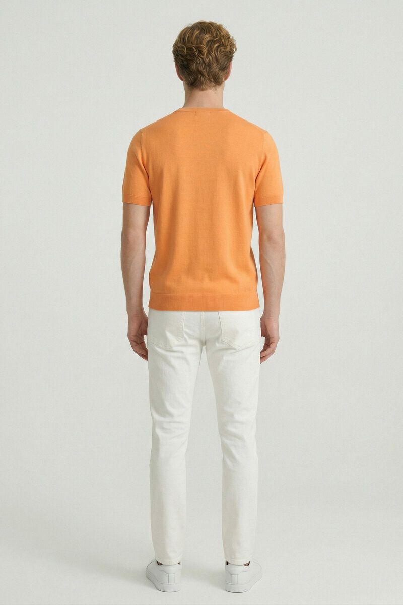 Turuncu %100 Pamuk Bisiklet Yaka Triko Tişört - 5