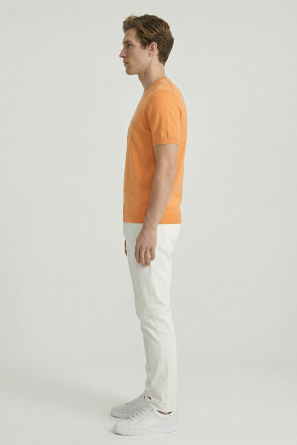 Turuncu %100 Pamuk Bisiklet Yaka Triko Tişört - 3