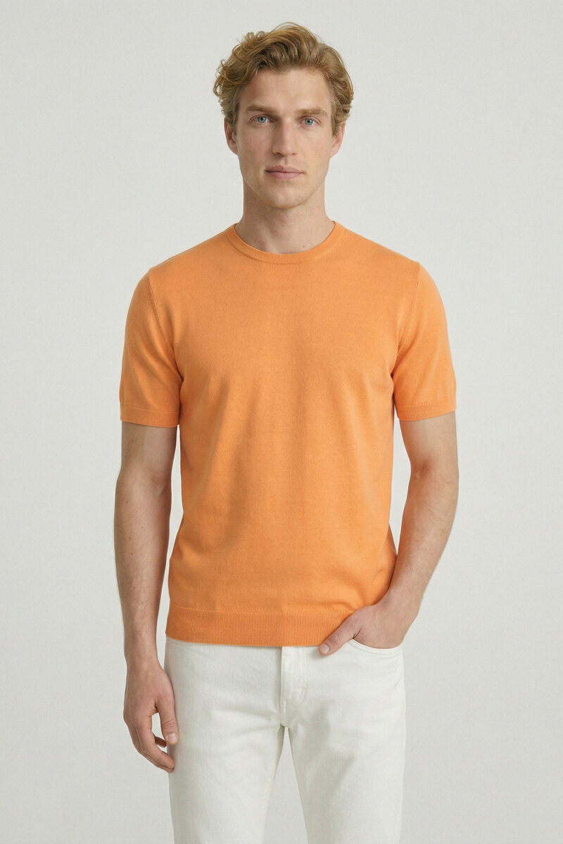 Turuncu %100 Pamuk Bisiklet Yaka Triko Tişört