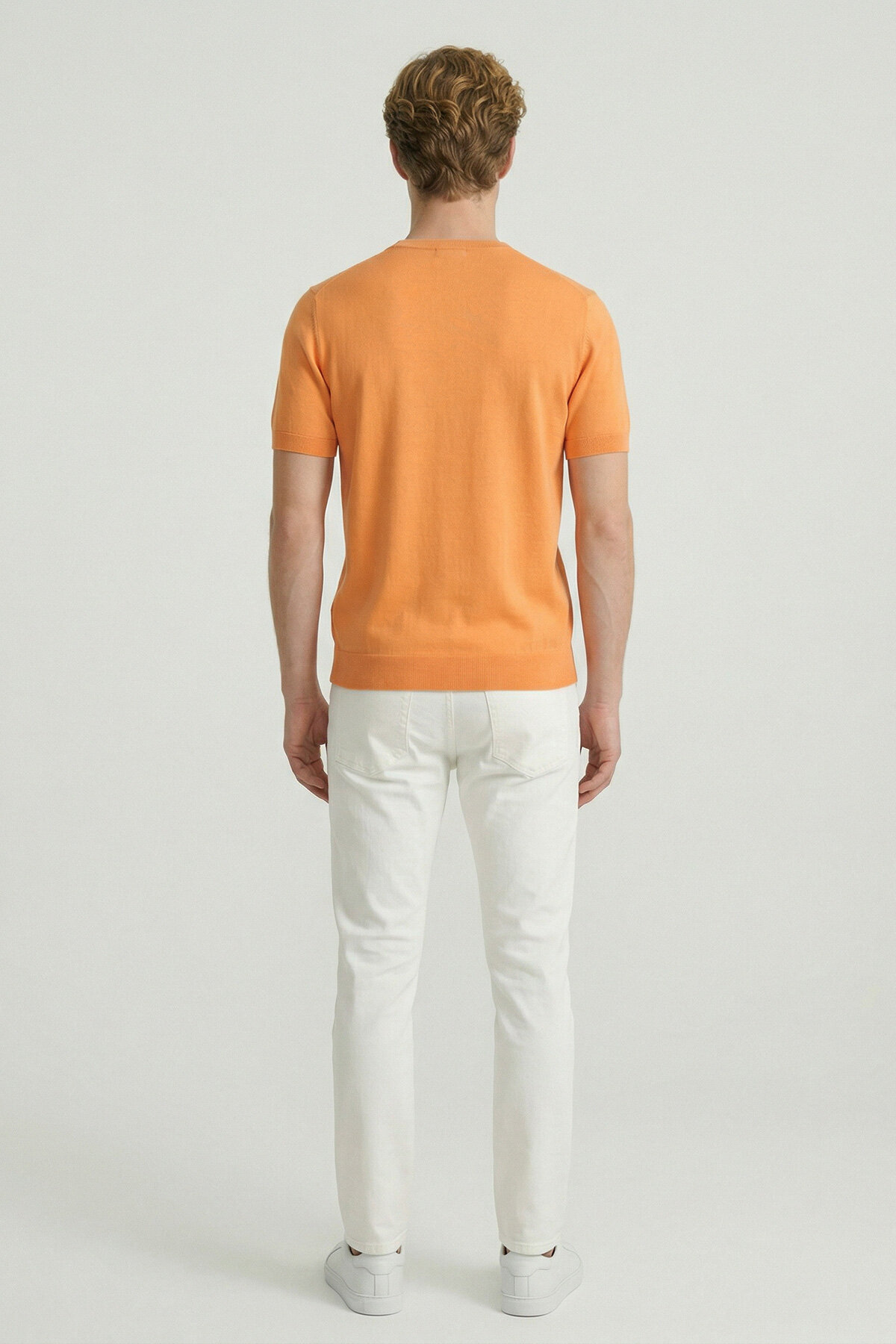 Turuncu %100 Pamuk Bisiklet Yaka Triko Tişört - 5