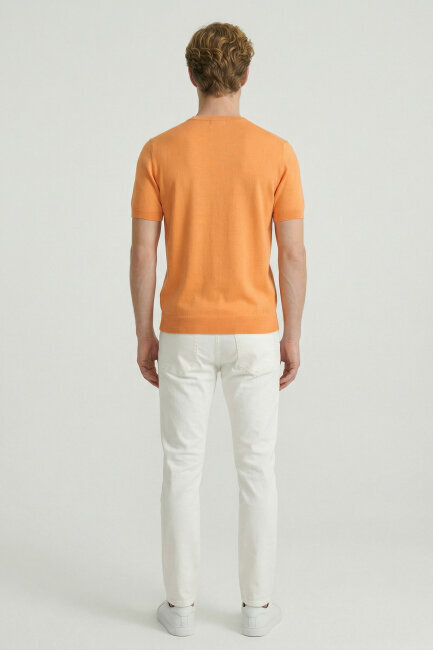Turuncu %100 Pamuk Bisiklet Yaka Triko Tişört - 5