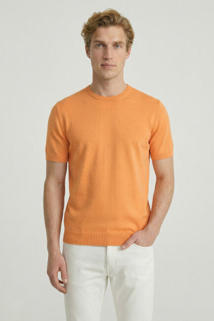 Turuncu %100 Pamuk Bisiklet Yaka Triko Tişört 