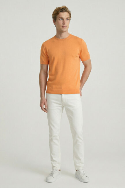 Turuncu %100 Pamuk Bisiklet Yaka Triko Tişört - 2