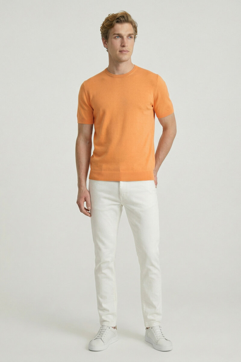 Turuncu %100 Pamuk Bisiklet Yaka Triko Tişört (1)