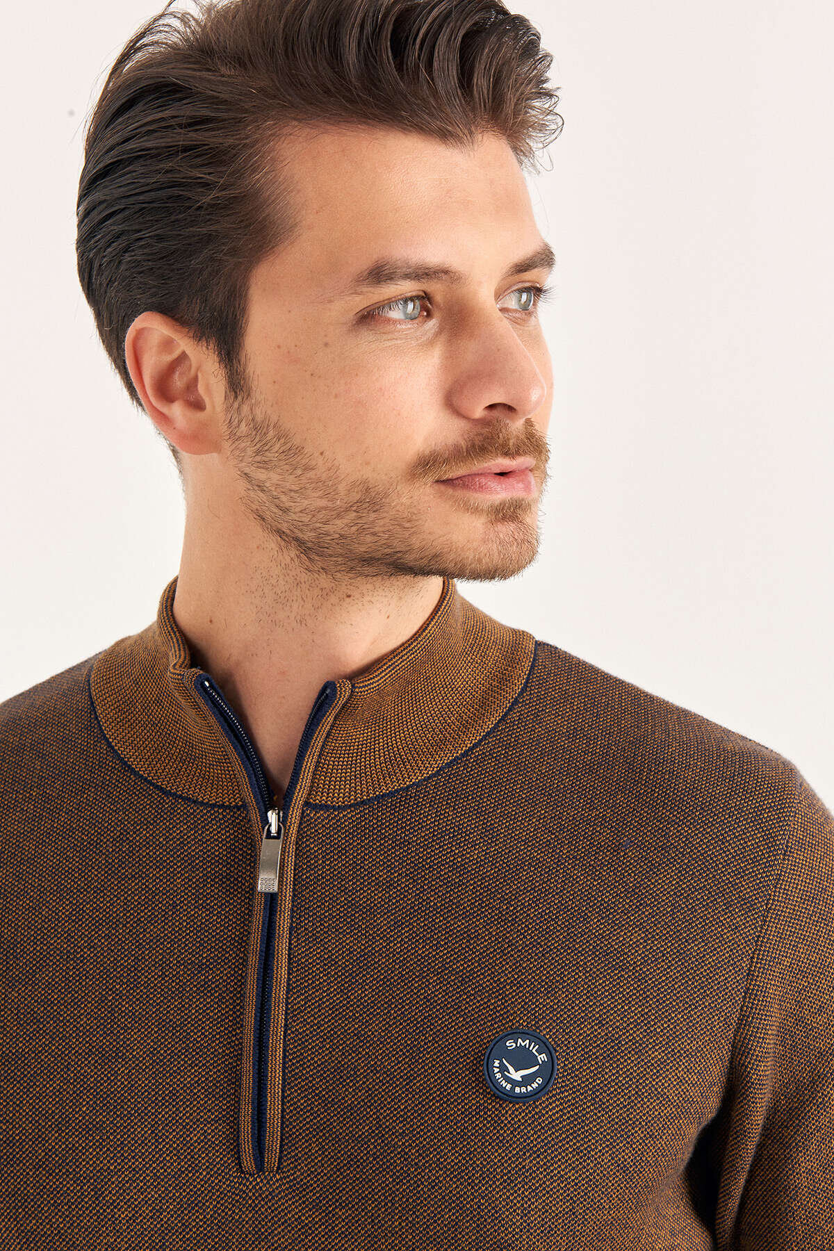 Sarı %100 Pamuk Kısa Fermuarlı Kazak - 3