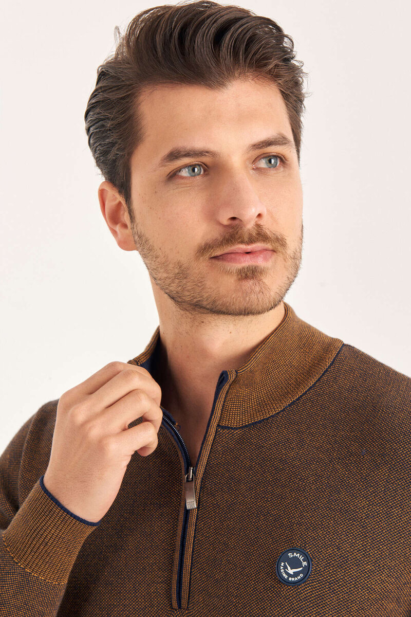 Sarı %100 Pamuk Kısa Fermuarlı Kazak - 4