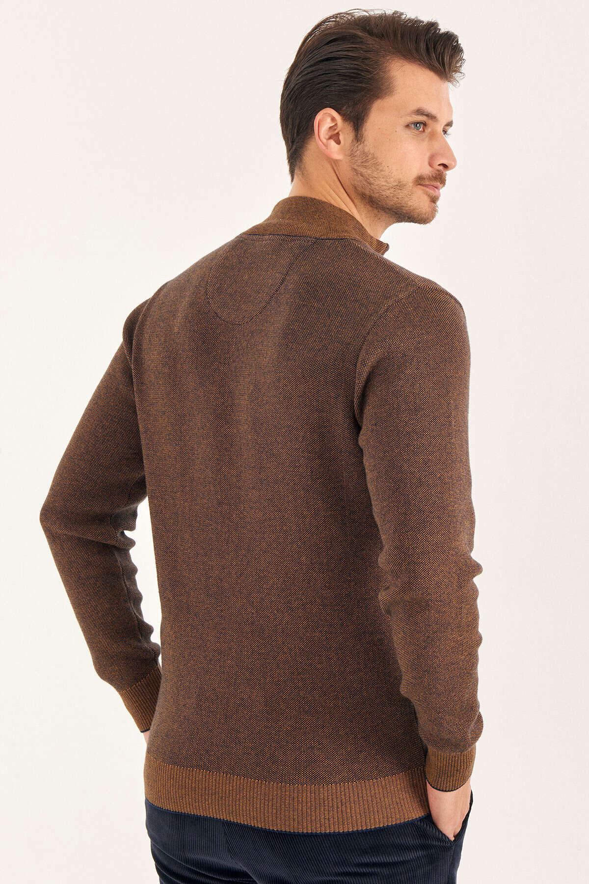 Sarı %100 Pamuk Kısa Fermuarlı Kazak - 5