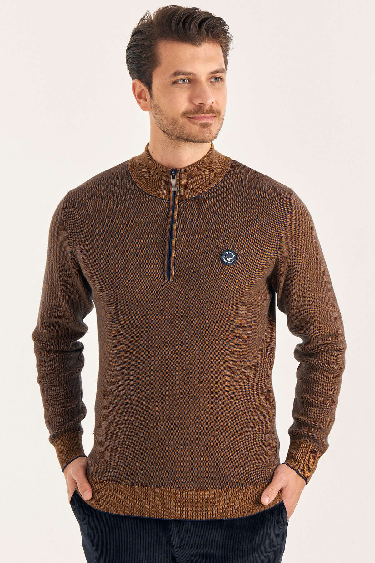 Sarı %100 Pamuk Kısa Fermuarlı Kazak - 1