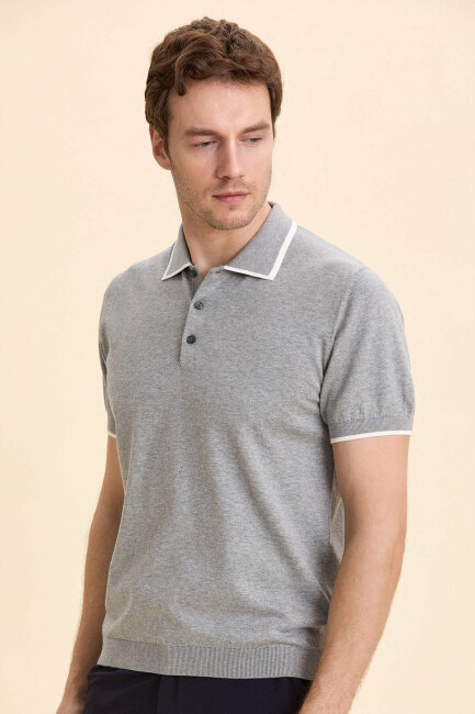 Gri Melanj %100 Pamuk Polo Tişört - 3